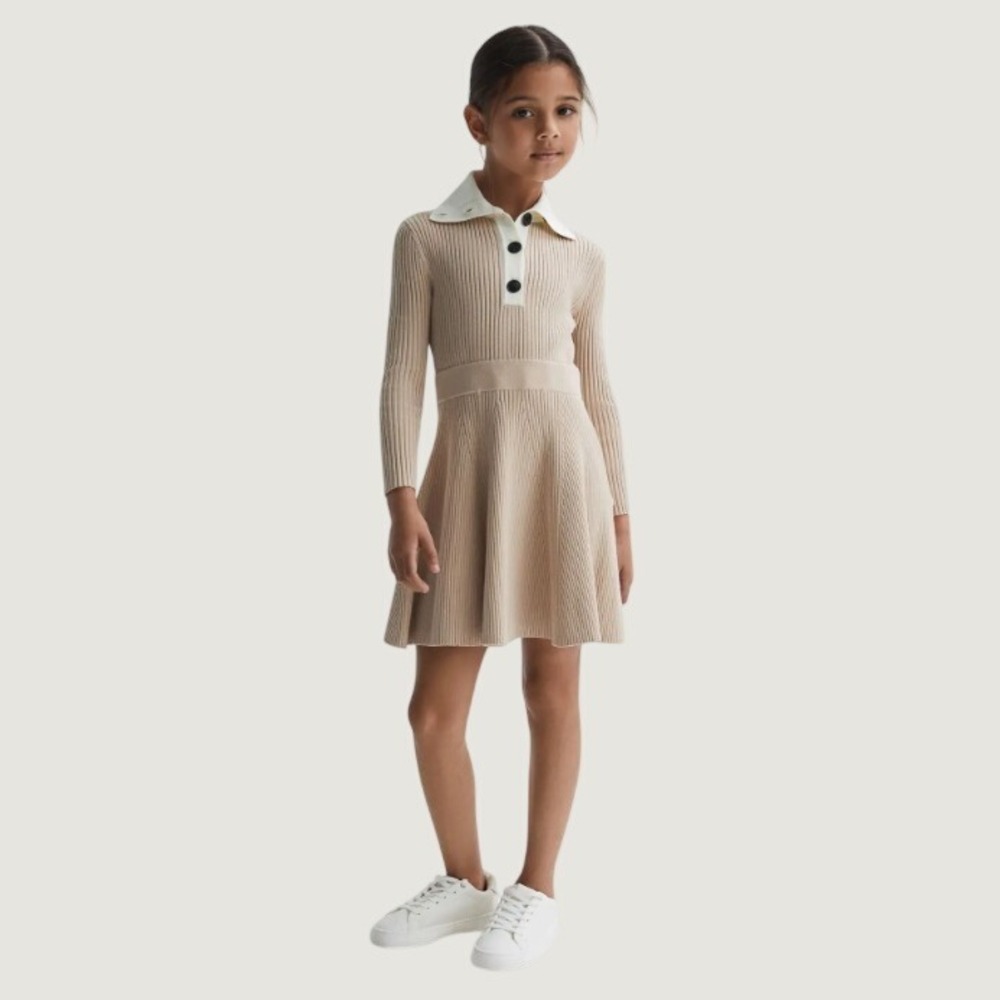 Reiss Malani Ribbed Knit Sweater Dress Girls Size 6-7Y Beige Preppy School